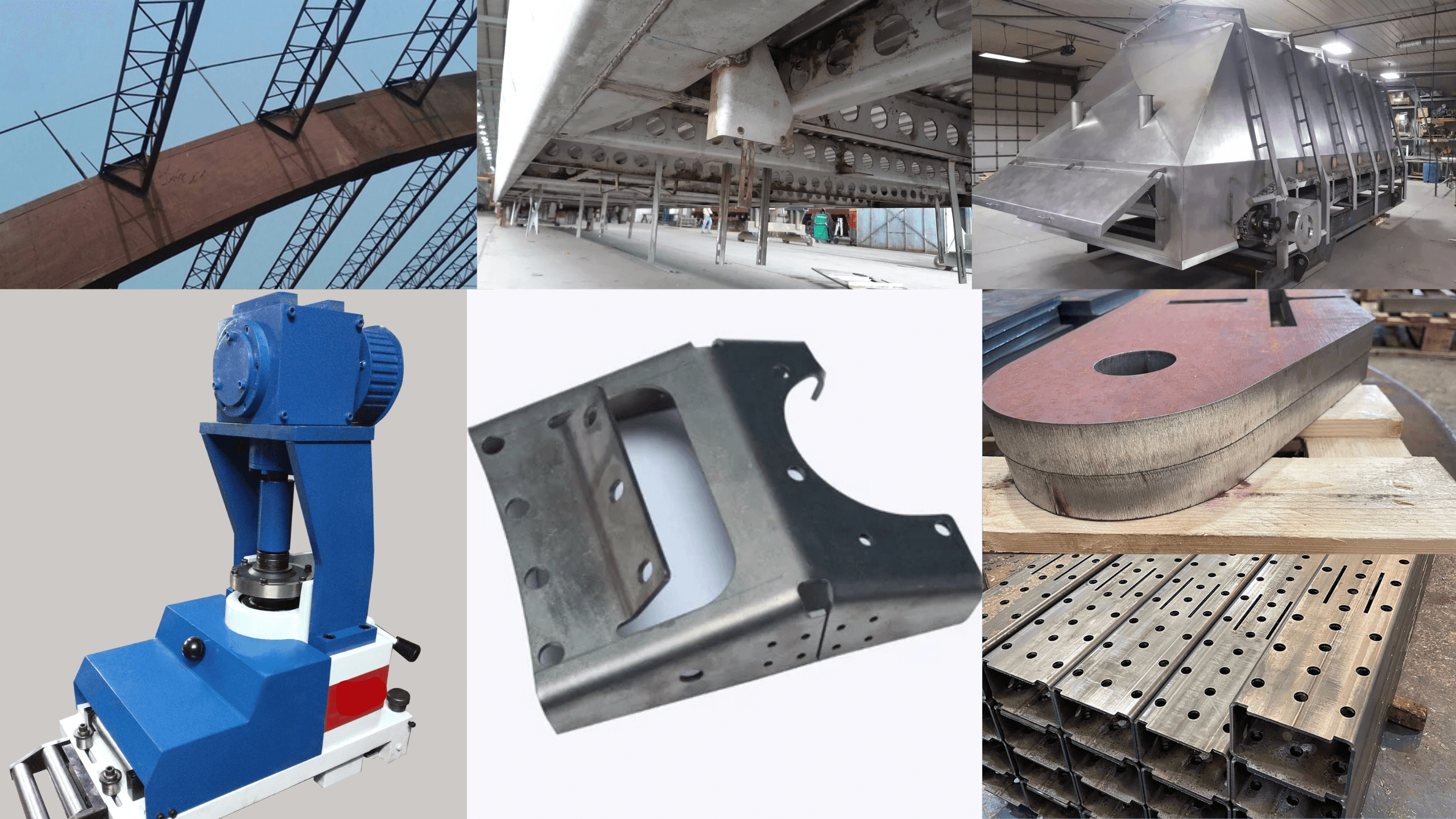Various metal fabrication and industrial components, including structural supports, perforated platforms, machines, and laser-cut parts.